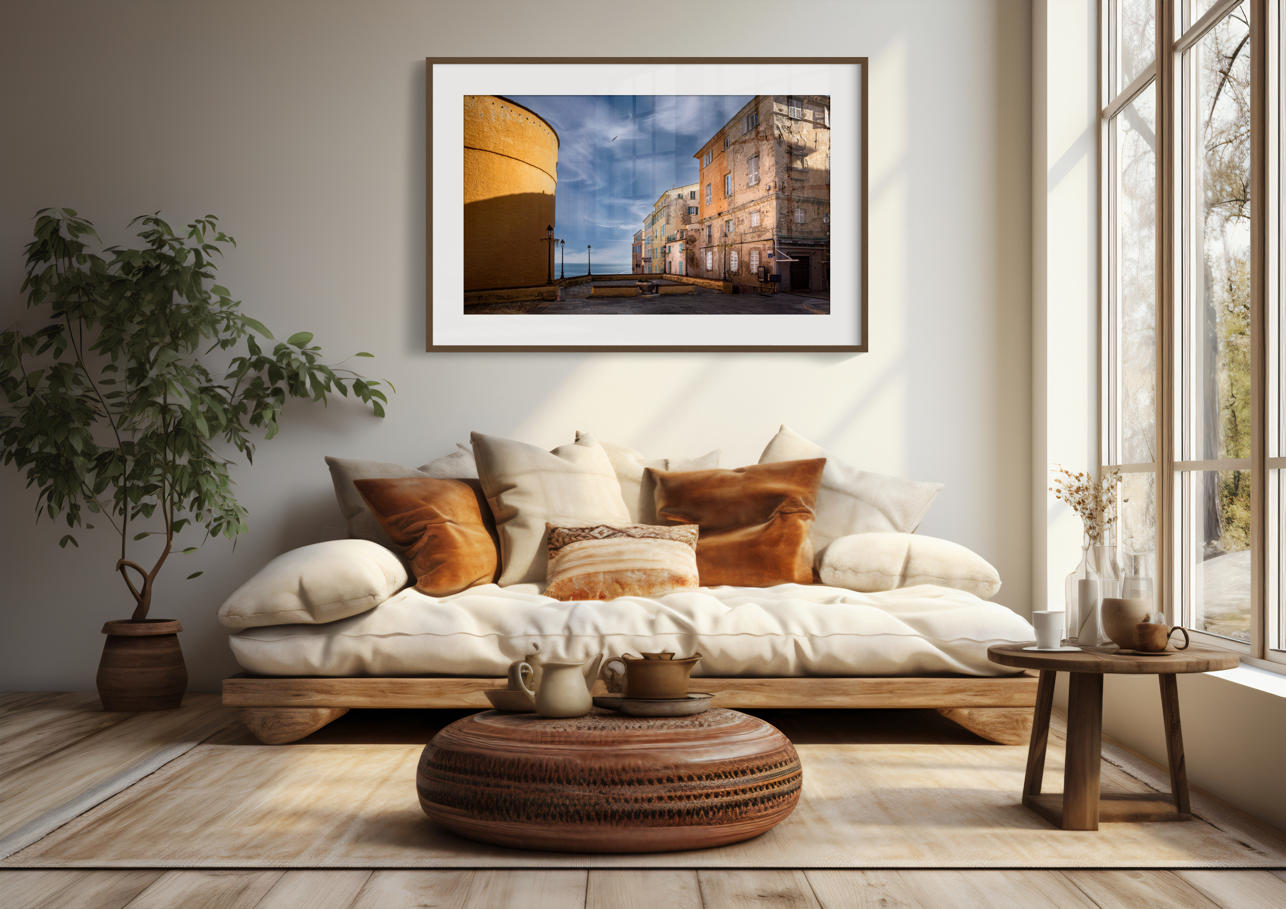 A cosy living room with a low wooden sofa, brown and white cushions, a round ottoman, a potted plant, and a large window. The 'Bastia Old Town' Print featuring a Mediterranean street scene hangs on the wall.