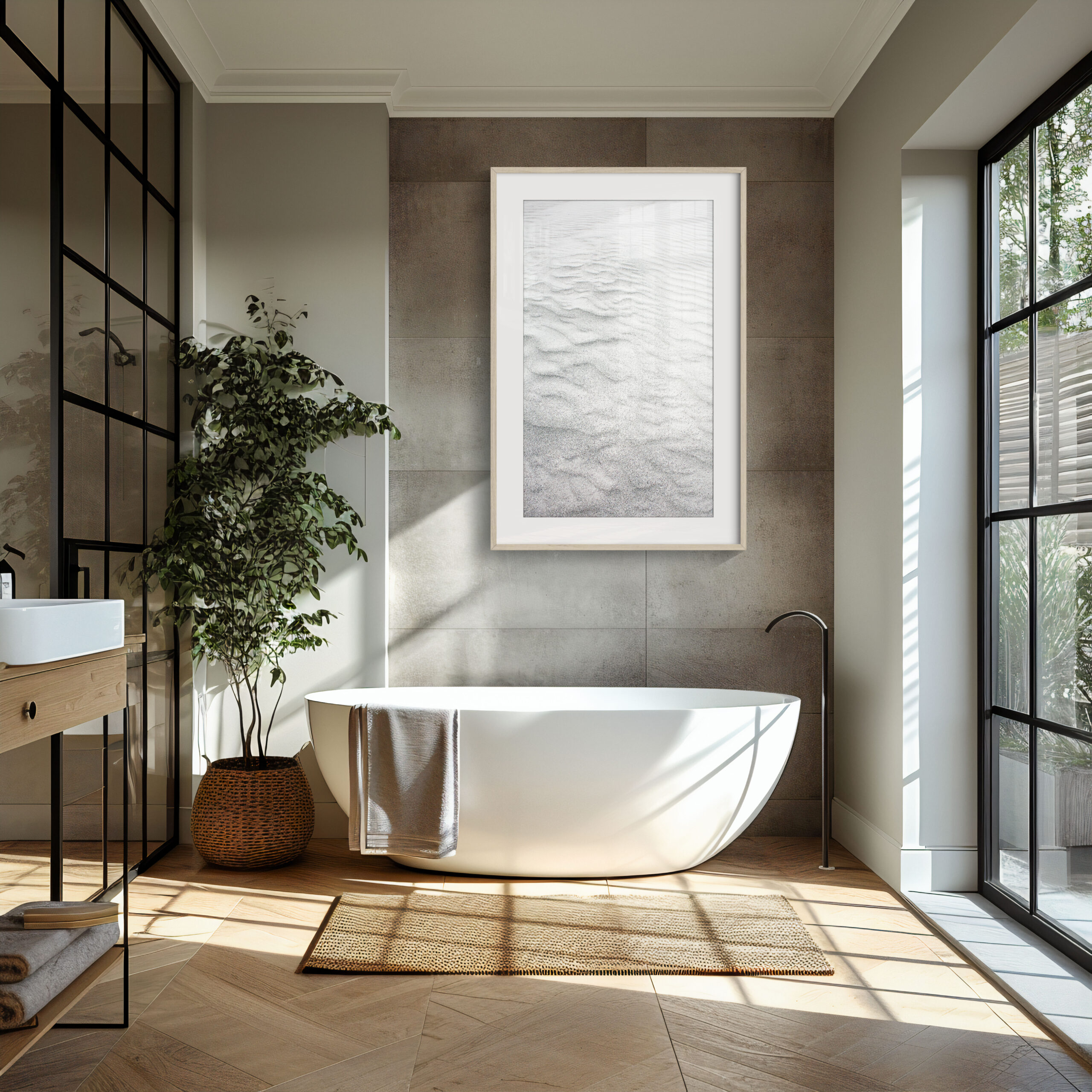 A modern bathroom features a white freestanding bath with a towel, a potted plant, sunlit large windows, and a 'Dune' print framed on the grey tiled wall.