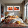 A cosy Faunus-inspired bedroom features a bed with orange and yellow floral bedding, colourful pillows, a vase of orange flowers on the bedside table, and the 'Faunus' Diptych Print above the bed as sunlight streams through the window.