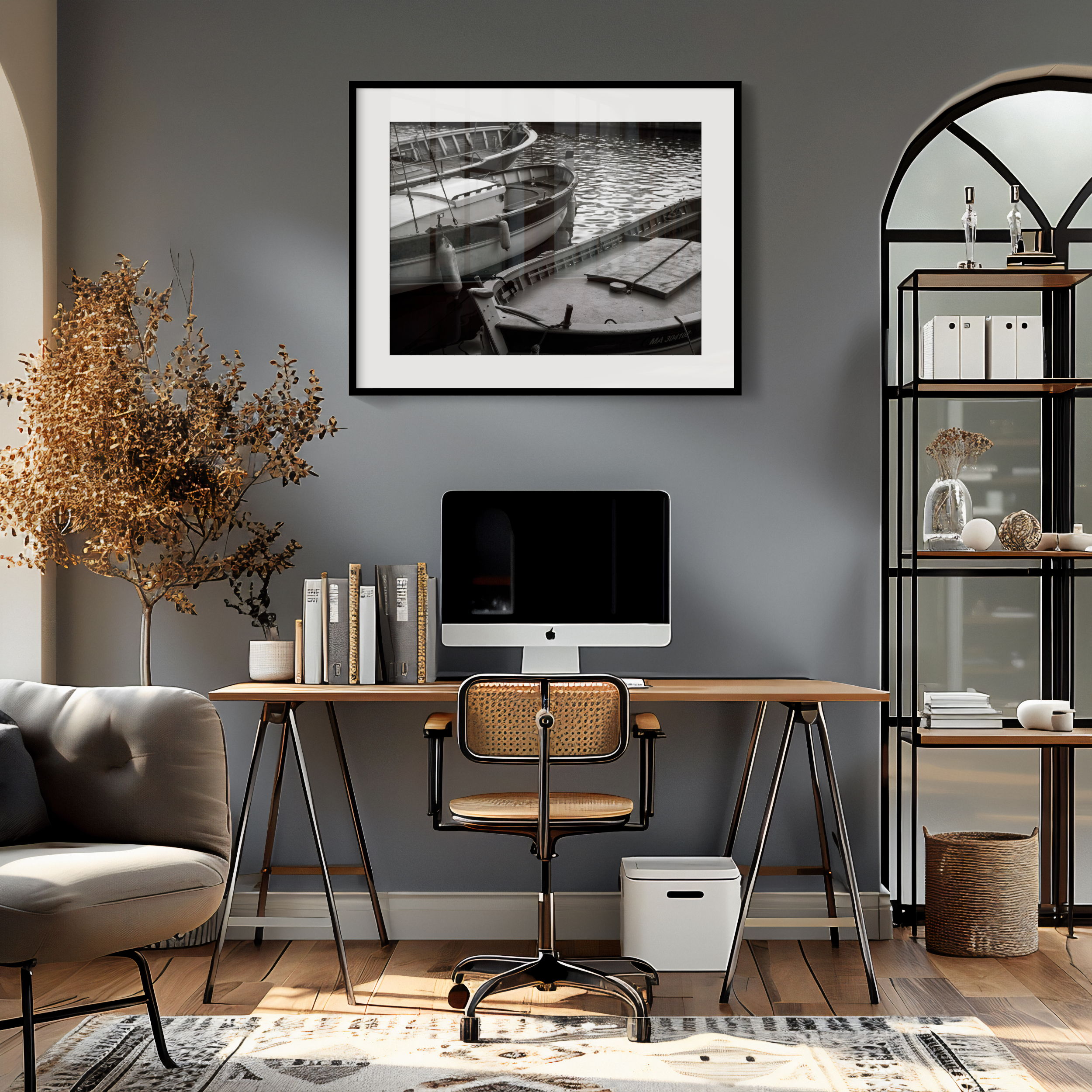 A stylish home office features a wooden desk, computer, books, and a rattan chair. The 'Harbour Boats' Print hangs on the grey wall above the desk, whilst shelves and a potted plant add decorative touches.