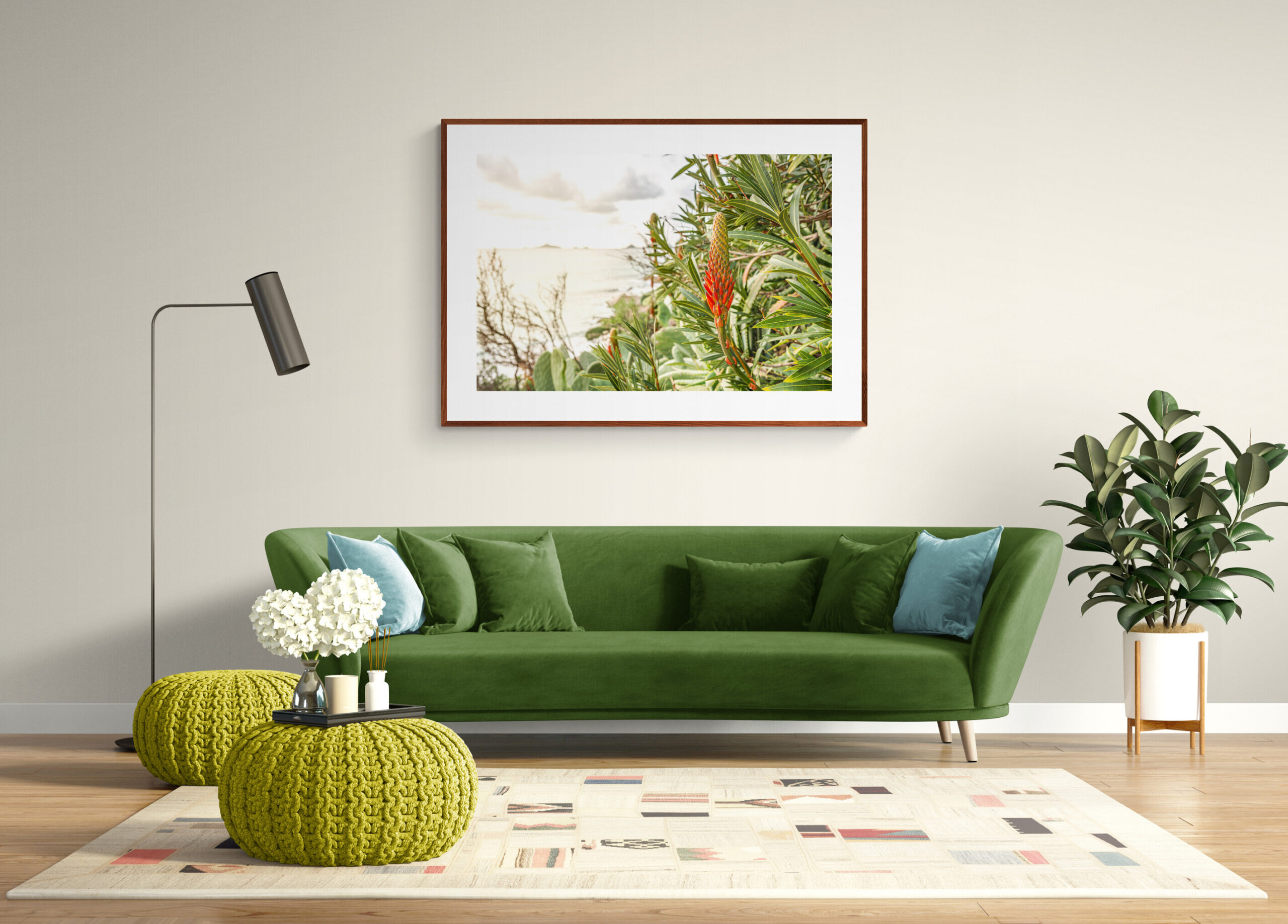 cherry-framed image of aloe flowers in a minimalistic setting