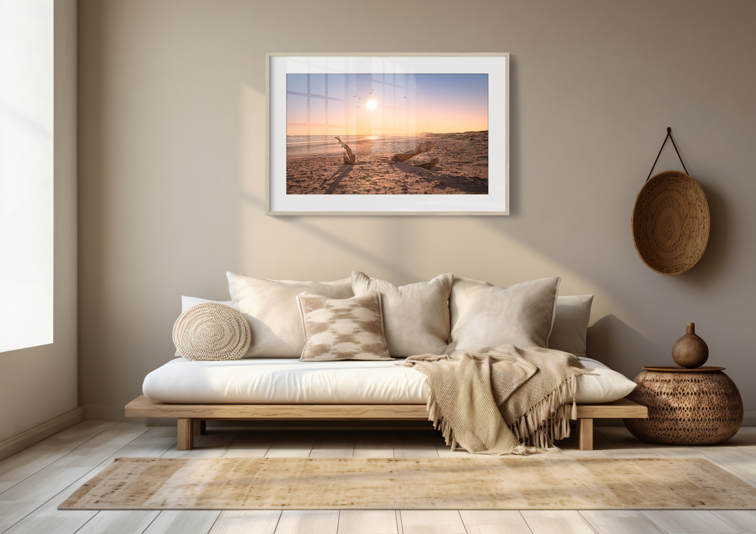 Minimalist living room featuring a low wooden sofa, beige and cream cushions, woven baskets, and the 'Helderberg Marine Protected Area' Print as wall art. Soft natural light enhances the cosy, serene ambience.