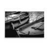 The 'Harbour Boats' Print features a black and white photo of two moored boats floating on calm water, showcasing reflections plus details like ropes, fenders, and wooden planks.