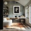 A modern home office with a sleek desk, gold chair, wall shelves, and laptop. A cosy white sofa and patterned rug are in front. Light streams through a large window; the 'Basilique' Print adds abstract style to the wall.