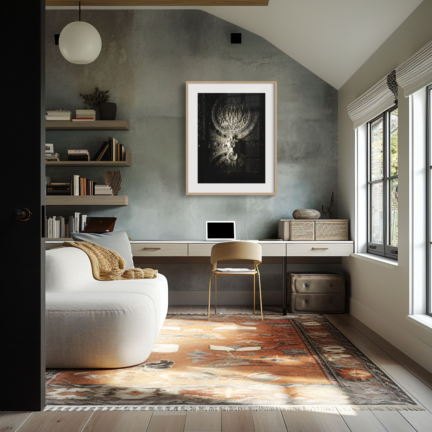 A modern home office with a sleek desk, gold chair, wall shelves, and laptop. A cosy white sofa and patterned rug are in front. Light streams through a large window; the 'Basilique' Print adds abstract style to the wall.