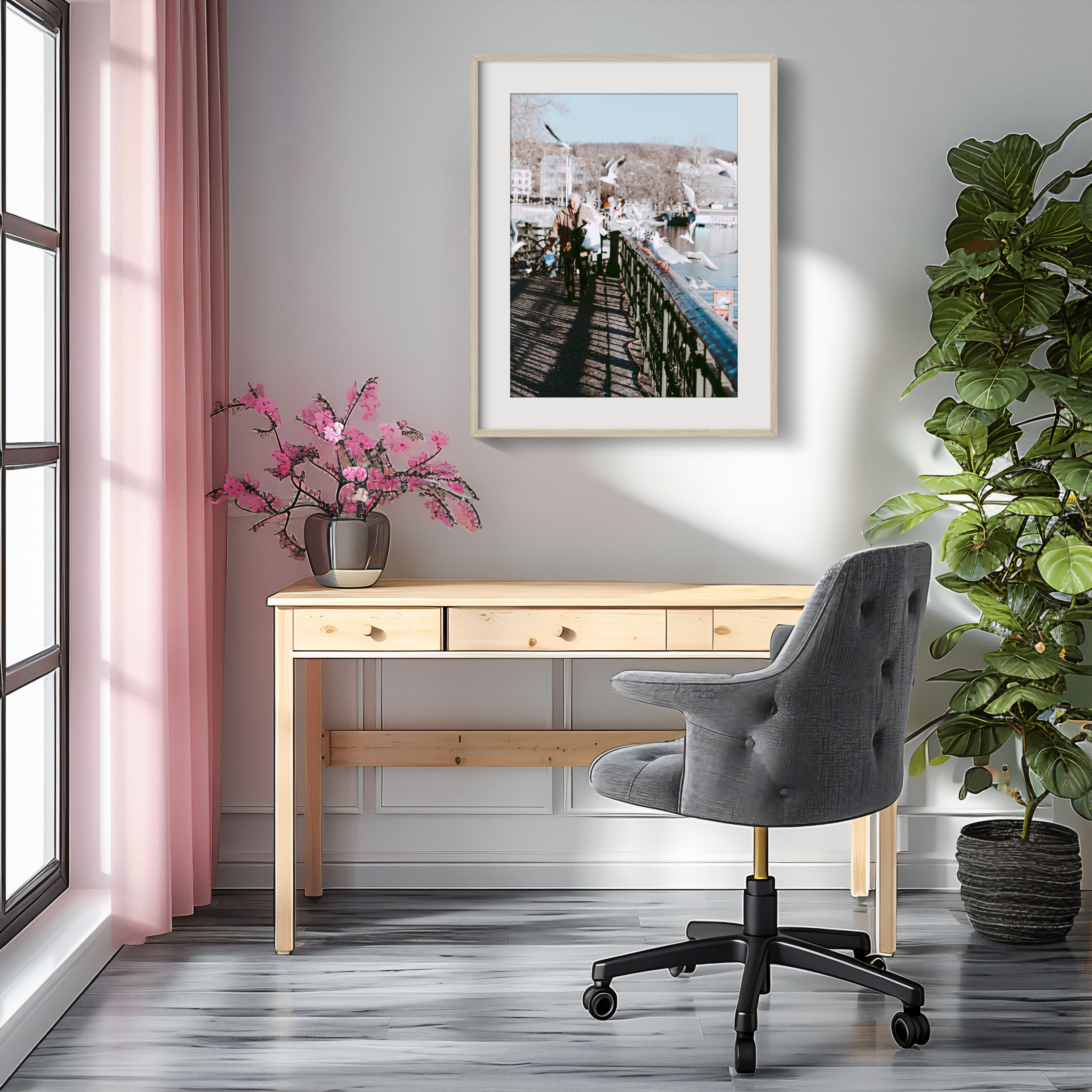 A home office includes a wooden desk, grey swivel chair, potted plant, pink flowers in a vase, and pink curtains. The light grey wall near the large window displays the 'Feeding Time' Print of a riverside scene.