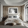 A modern bedroom features a large bed with neutral bedding and grey pillows, highlighted by the 'Grace II' print above. Two pendant lights and bedside tables flank the bed, all bathed in natural light from tall arched windows.