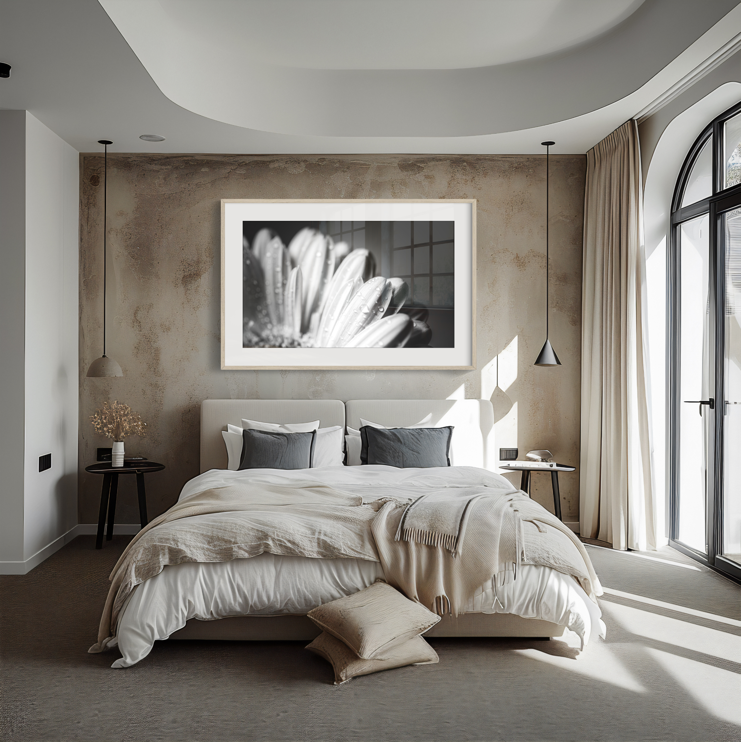 A modern bedroom features a large bed with neutral bedding and grey pillows, highlighted by the 'Grace II' print above. Two pendant lights and bedside tables flank the bed, all bathed in natural light from tall arched windows.