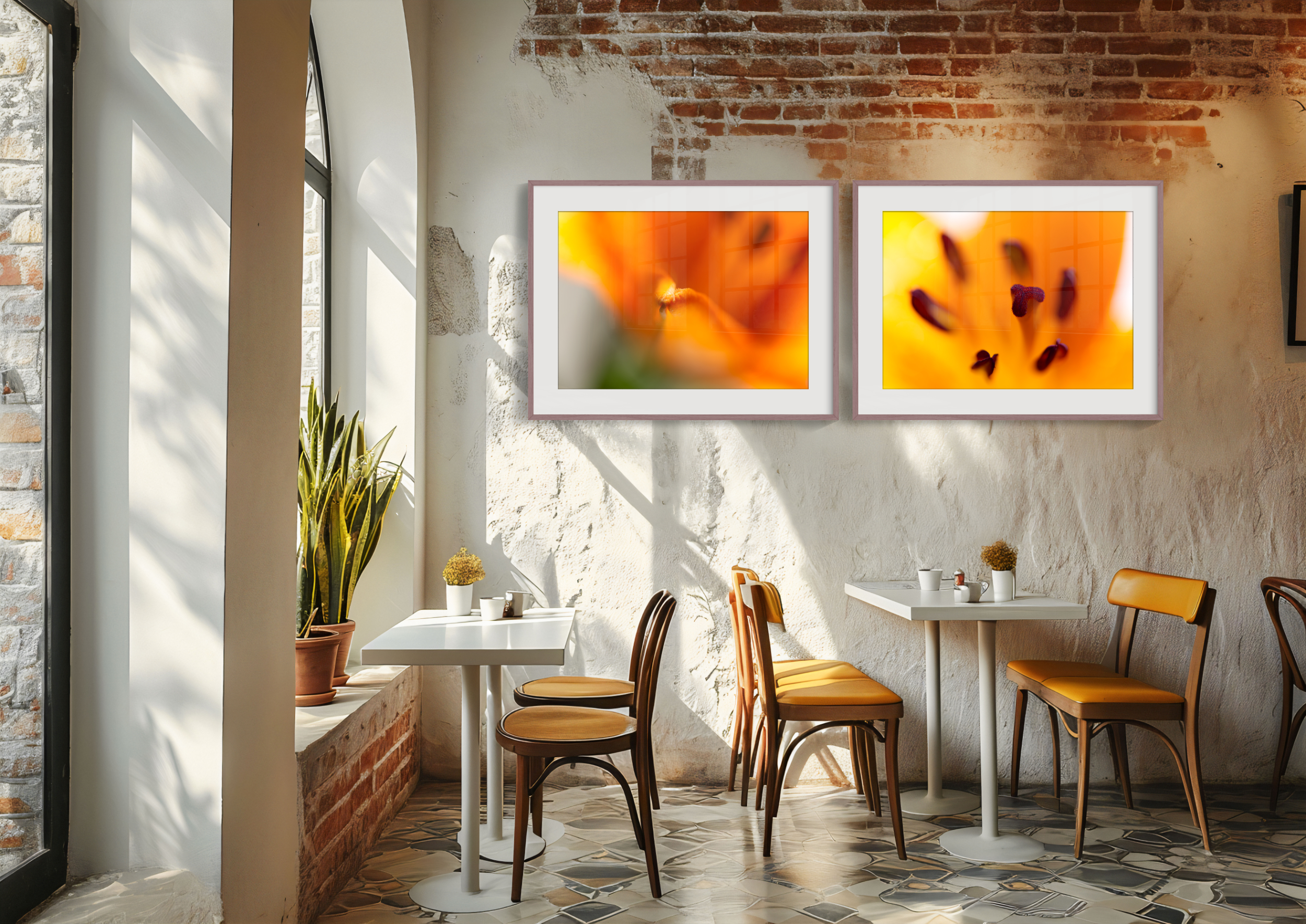 A cosy café with white tables, wooden chairs, a potted plant near a sunlit window, and two vibrant 'Lilium' Diptych Prints displayed on a rustic brick and plaster wall.