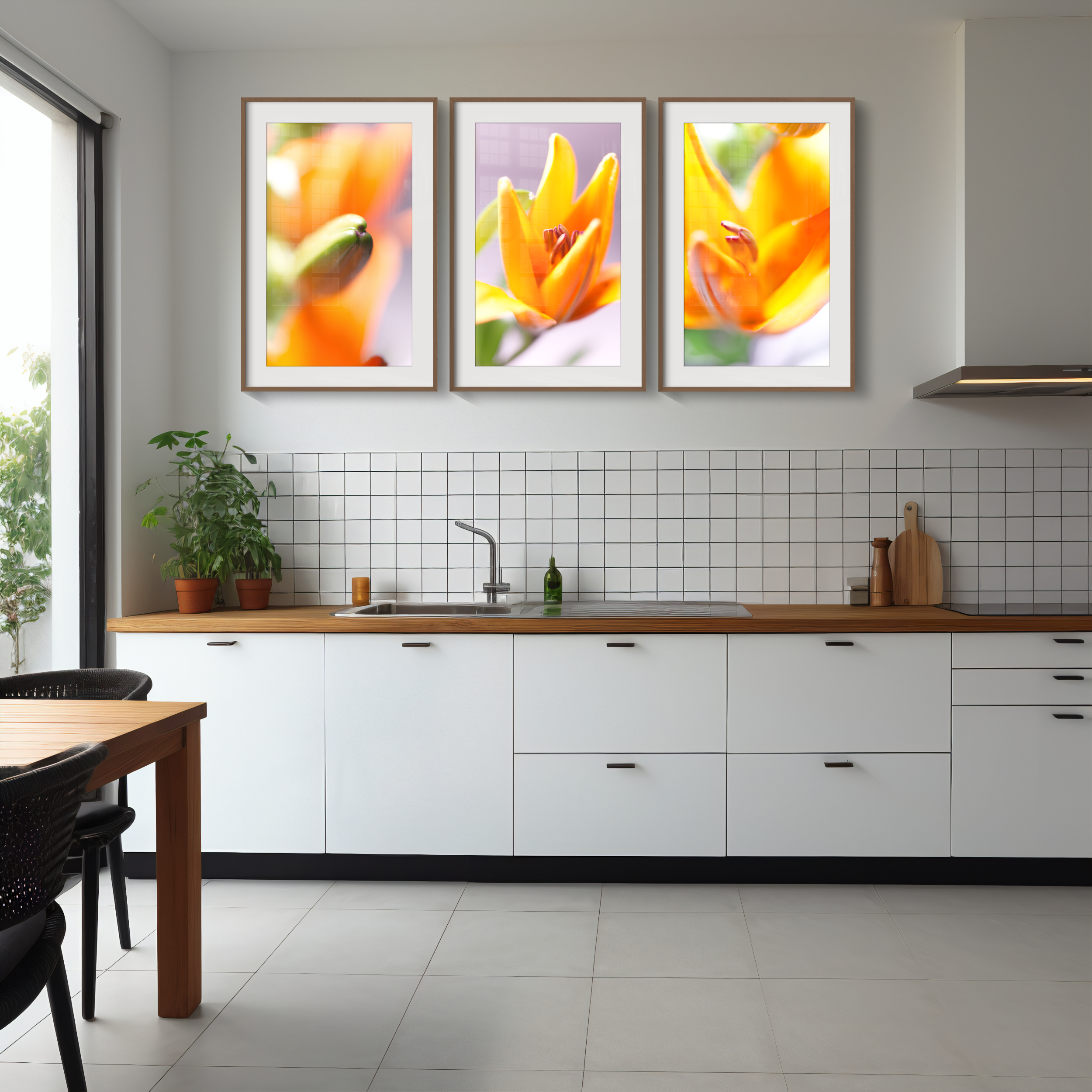 A modern kitchen with white cupboards, wooden worktops, and potted plants features the 'Lilium' Triptych Print—three framed close-up photos of orange Lilium flowers—above the sink on a white tiled splashback.