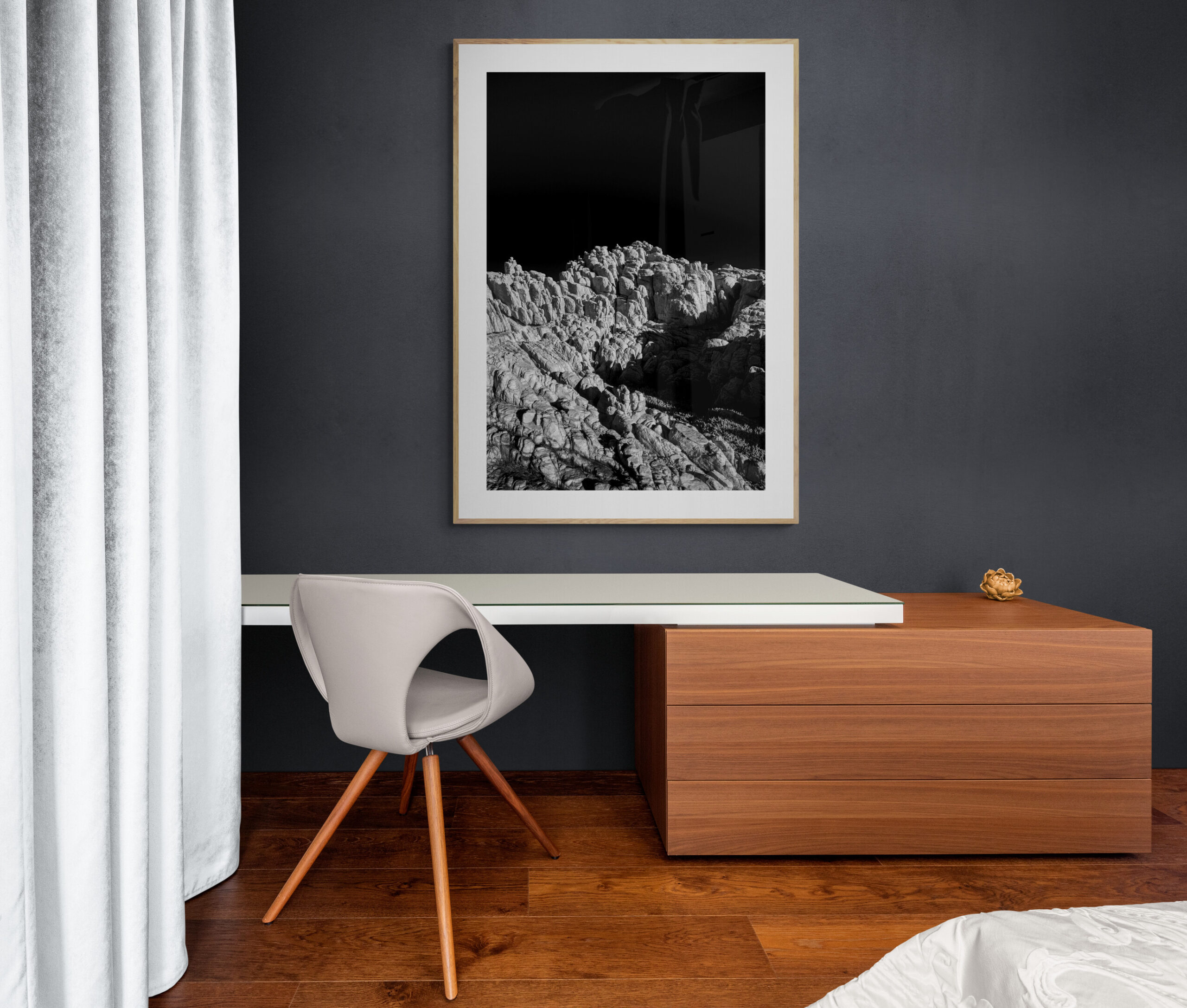 oak-framed geological coastal feature in a minimalistic setting