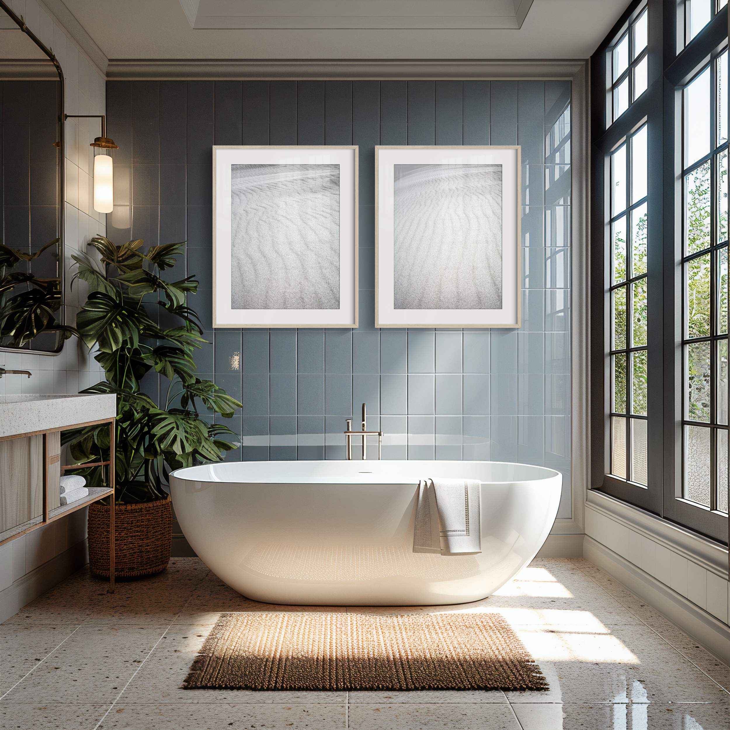 oak-framed image of sand dune patterns in a bathroom setting