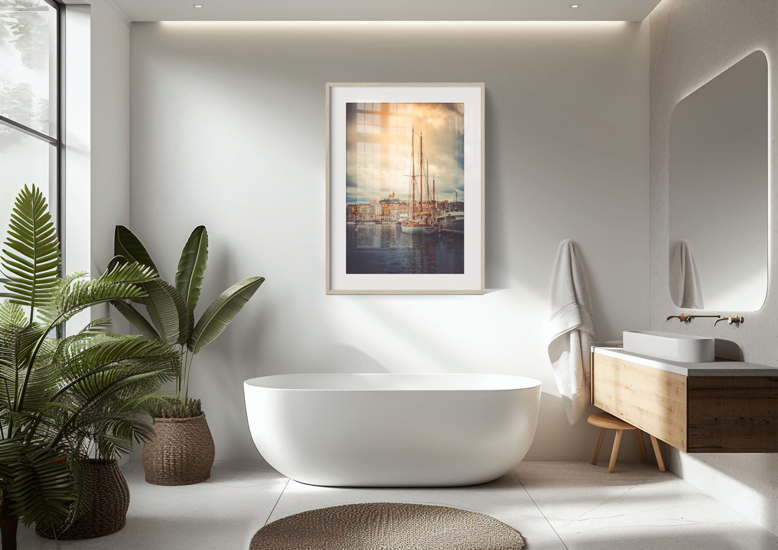 A modern bathroom features a freestanding white bath, large potted plants, and a wooden vanity unit with a round mirror. The 'Winter Sails' print above the bath adds a unique touch whilst soft natural light fills the space.
