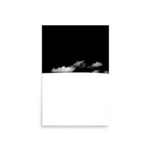 The 'Waenhuiskrans Dunes Minimalistic I' Print displays a minimalist scene with a solid black top, stark white bottom, and a few small, fluffy clouds near the boundary between the two.