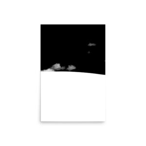 The 'Waenhuiskrans Dunes Minimalistic II' Print features a black sky with white clouds above a large, curved white foreground, creating a striking contrast.