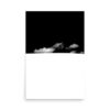 The 'Waenhuiskrans Dunes Minimalistic I' Print features a black sky with sparse white clouds above a vast, empty white foreground evoking a serene, snowy landscape.