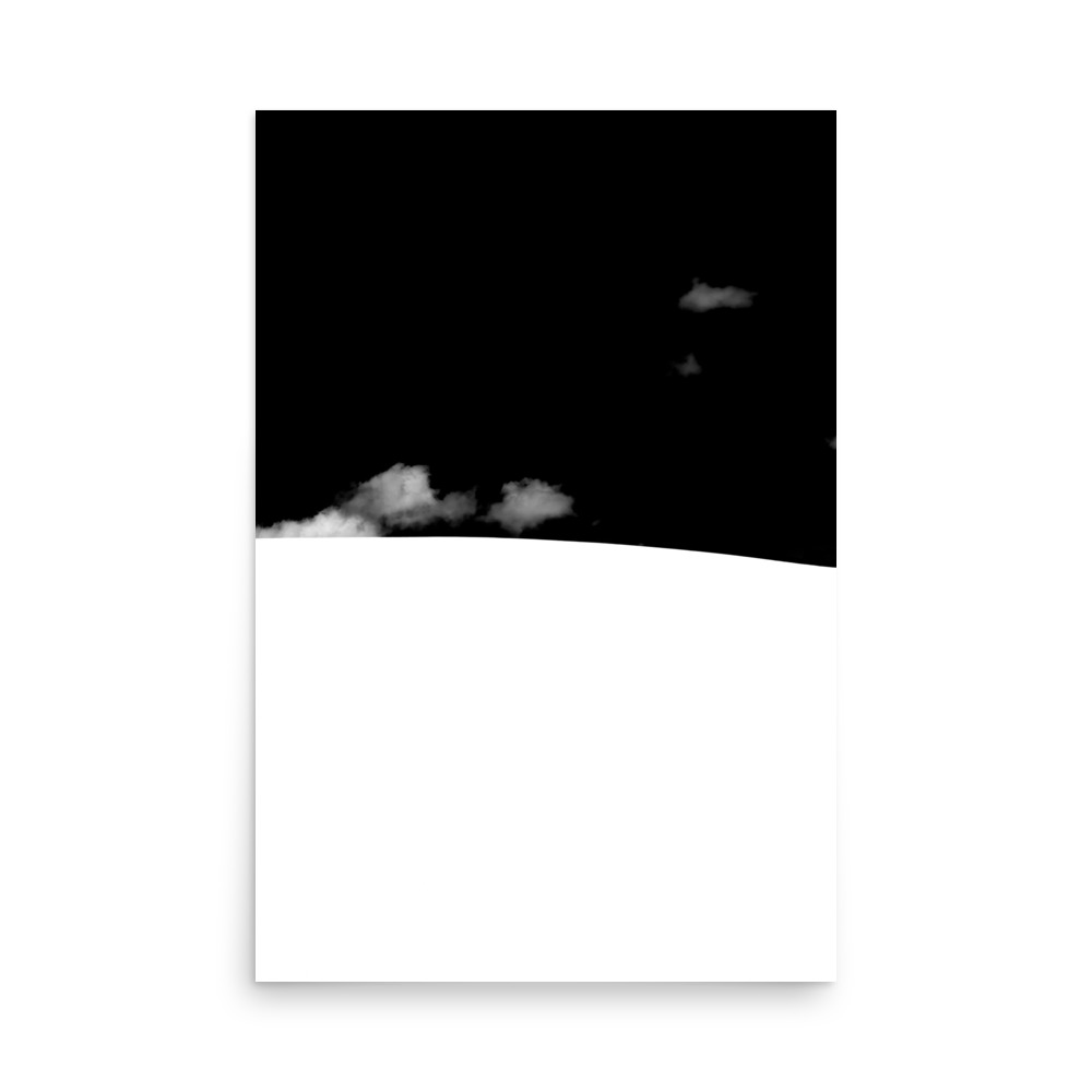 The 'Waenhuiskrans Dunes Minimalistic II' Print features a minimalist black and white design with a bold white curve at the bottom, a deep black sky above, and subtle white clouds near the horizon.