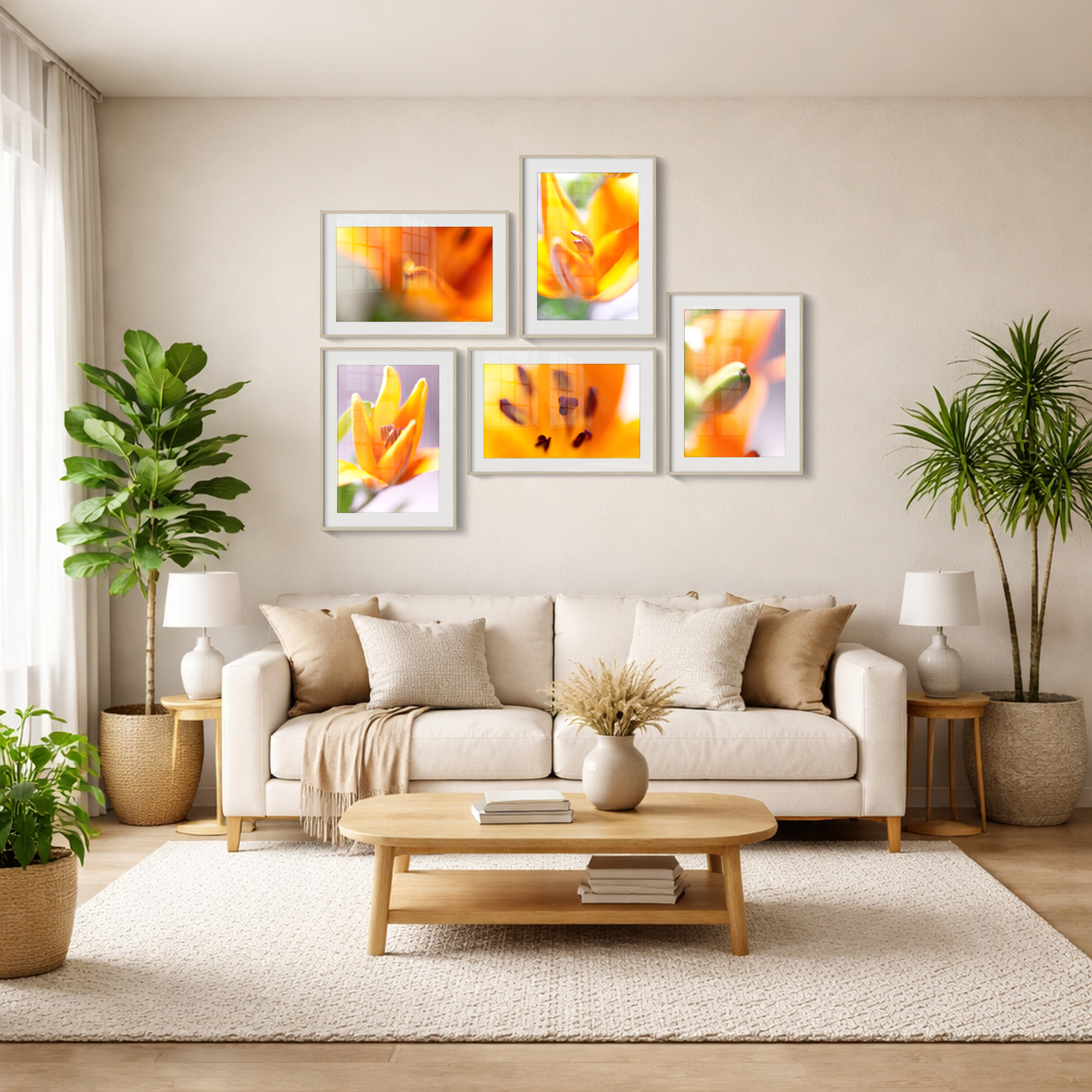 A living room setting in neutral tones with a collection of framed images on the wall of macro photography of a tiger lily.