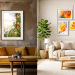 Split image: Left side shows a cosy café with a yellow sofa, round tables, plants, and a large framed photo. Right side shows a bright living room with white settee, plants, and floral art on the wall above a wooden coffee table.