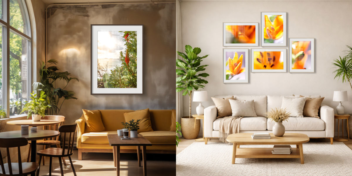 Split image: Left side shows a cosy café with a yellow sofa, round tables, plants, and a large framed photo. Right side shows a bright living room with white settee, plants, and floral art on the wall above a wooden coffee table.