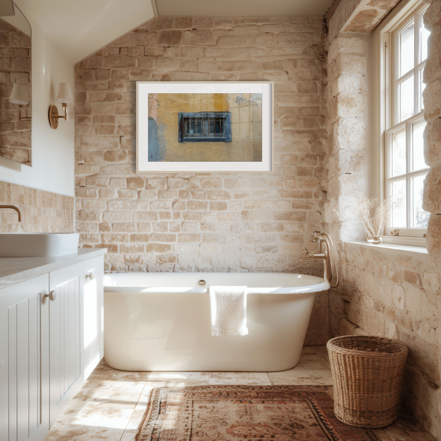 A cosy bathroom features stone walls, a white freestanding bath with a towel, and the 'Window of Old Town Bastia' Print hanging above. A wicker basket, patterned rug, and sunny window add charm to the space.